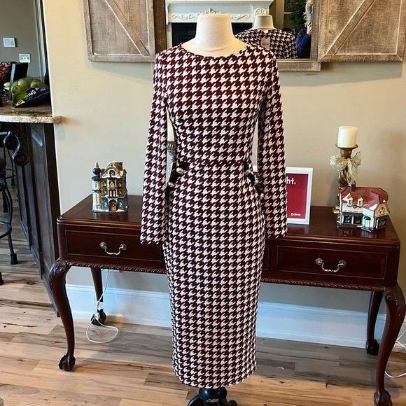 WDIRARA Women's Houndstooth Button Front Round Neck Split Hem Bodycon Dress Black and White L : WDIRARA Women\u0027s Houndstooth Open Front Long Sleeve